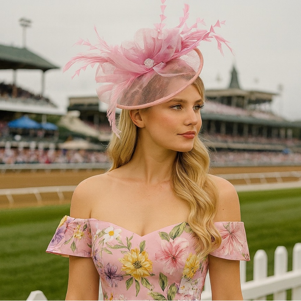 Kentucky Derby Hat KY Oaks Fascinator Elegant Pink Feather Statement Headwear